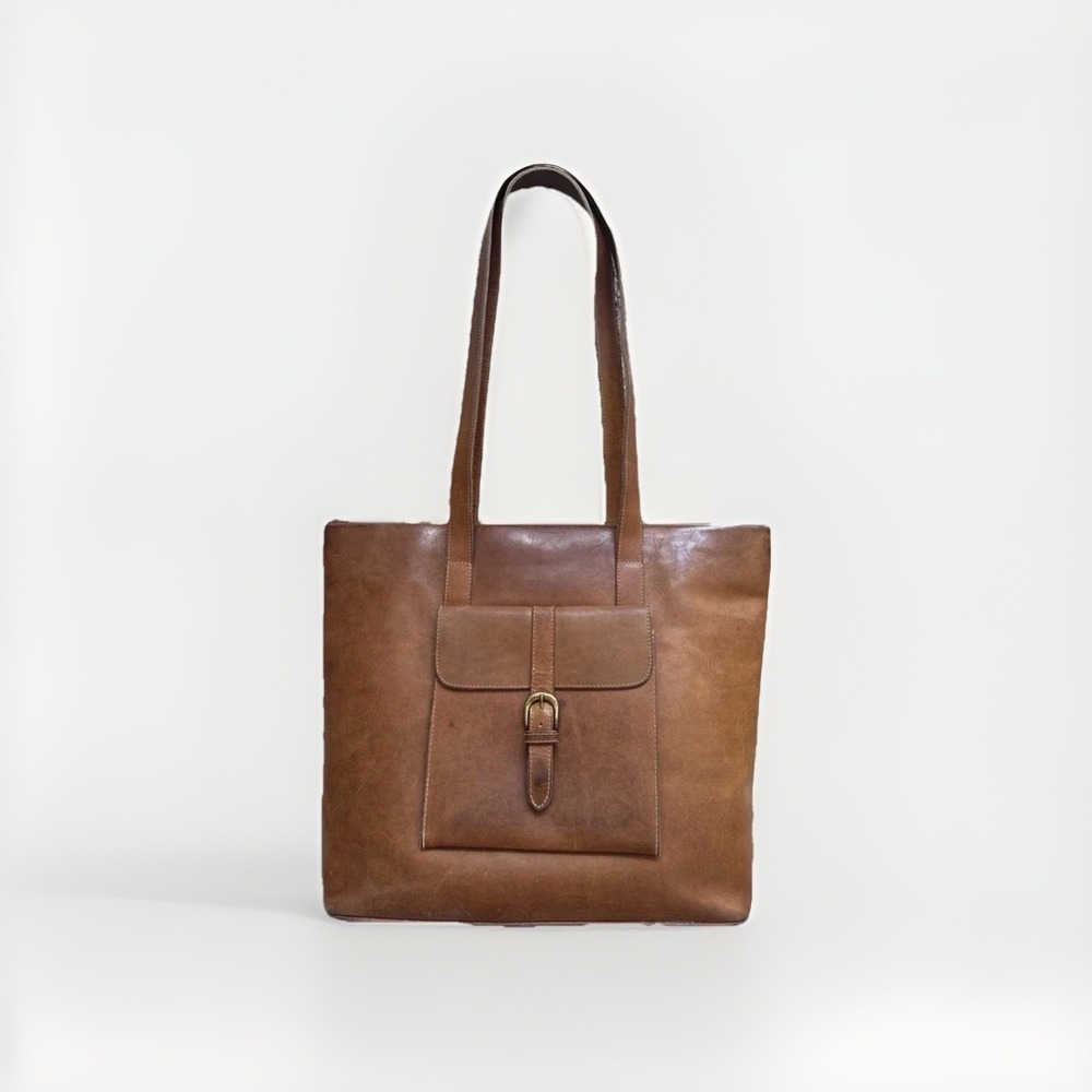 G.H. Bass Co Vintage Brown Genuine Leather Large Tote Distressed Outside Pocket